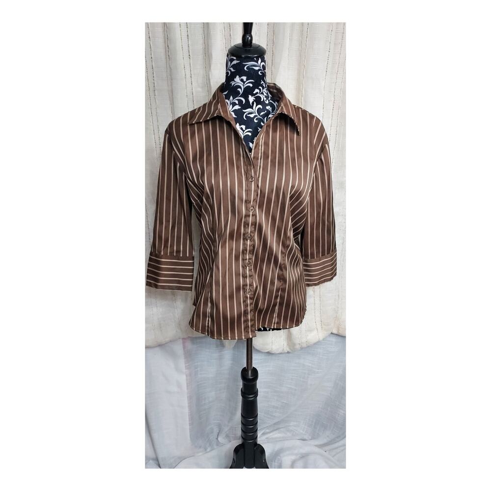 Stretch DCC Missy Button Down Brown & Gold Striped Women's Blouse Size Large